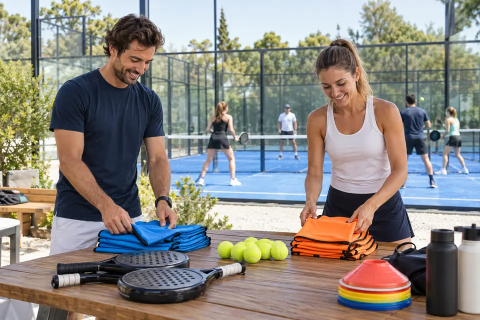 Escena ilustrativa de organizadores preparando un evento comunitario de pádel